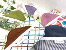 Load image into Gallery viewer, 5 Cotton dispenser boxes in a 5 different patterns with coloured cotton handkerchiefs folded inside