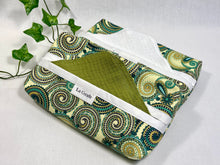 Load image into Gallery viewer, 2 Coton boxes in a Green Paisley pattern with 12 Green or White cotton handkerchiefs folded inside
