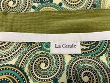 Charger l'image dans la galerie, Closeup of Coton Dispenser box in a Paisley pattern with 12 Green cotton handkerchiefs folded inside