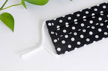 Charger l'image dans la galerie, Close up of Pleated Cotton cloth face mask, White Polka Dots on Black Ground