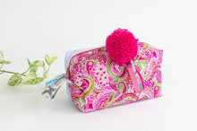Load image into Gallery viewer, Cotton cloth makeup bag with a Pink Paisley pattern and a big Pink fluffy pompon