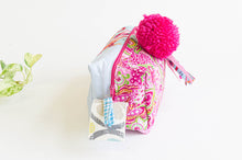 Load image into Gallery viewer, Cotton cloth makeup bag with a Pink Paisley pattern and a big Pink fluffy pompon.