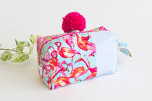 Load image into Gallery viewer, Cotton cloth makeup bag with a Pink Paisley pattern, Pink Flamingos and a big Pink fluffy pompon.
