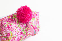 Load image into Gallery viewer, Cotton cloth makeup bag with a Pink Paisley pattern and a big Pink fluffy pompon.
