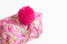 Load image into Gallery viewer, Cotton cloth makeup bag with a Pink Paisley pattern and a big Pink fluffy pompon.