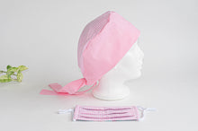 Load image into Gallery viewer, Cotton Cloth Scrub Hat, Pink Stripes & Dots pattern with Matching Pink Stripes Face Mask