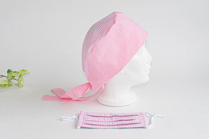 Cotton Cloth Scrub Hat, Pink Stripes & Dots pattern with Matching Pink Stripes Face Mask