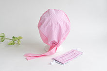 Load image into Gallery viewer, Rear View Cotton Cloth Scrub Hat, Pink Stripes & Dots pattern with Matching Pink Stripes Face Mask