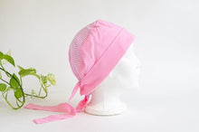 Load image into Gallery viewer, Left Side view of Scrub hat Small White Dots on Pink and Pink Stripes on top part
