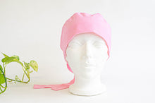 Load image into Gallery viewer, Front view of Scrub hat Small White Dots on Pink and Pink Stripes on top part

