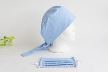 Charger l'image dans la galerie, Side view of a Blue Cloth Scrub hat with a matching blue face mask