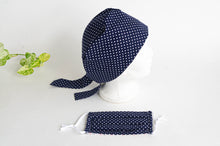 Load image into Gallery viewer, Women Scrub hat , Navy Ground with White Polka Dots pattern and a matching Face Mask
