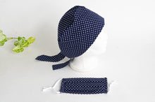 Charger l'image dans la galerie, Women Scrub hat , Navy Ground with White Polka Dots pattern and a matching Face Mask