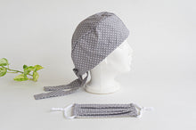 Load image into Gallery viewer, Women Scrub hat , Grey Ground with White Polka Dots , and one matching Face Mask

