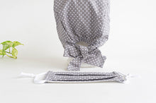 Load image into Gallery viewer, Women Scrub hat , Grey Ground with White Polka Dots pattern, and one Matching Face Mask
