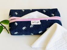 Load image into Gallery viewer, 1 dispenser box in Denim with Elephant pattern and a Pink Stripes print with White handkerchiefs