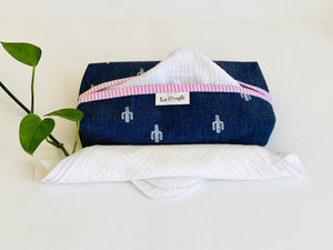 Denim with Cactus pattern box dispenser with Pink trim and with White cotton handkerchiefs