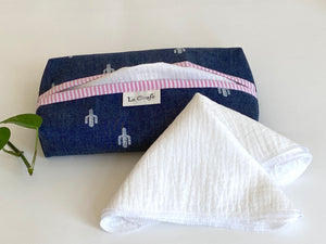 Denim with Cactus pattern box dispenser with Pink trim and with White cotton handkerchiefs