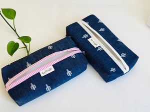 Two Denim with Cactus pattern boxes, one with White trim and one with Pink Trim 
