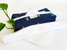 Load image into Gallery viewer, Denim with Cactus pattern box dispenser with White trim and with White cotton handkerchiefs
