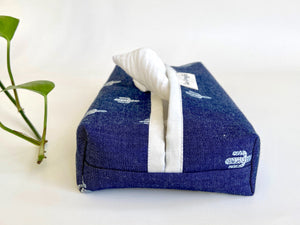 Side view of a Denim with Cactus pattern box dispenser with White trim