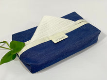Load image into Gallery viewer, White Cotton handkerchiefs with Blue Denim box dispenser
