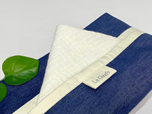 Load image into Gallery viewer, Close up of White Cotton handkerchiefs with Blue Denim box dispenser
