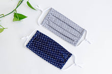Charger l'image dans la galerie, Two face face masks, one Navy ground and White Polka Dots, one Grey grey ground and White Polka Dots