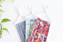 Load image into Gallery viewer, Three cotton cloth face masks, Blue Checks, Light Green Paisley, Red Paisley