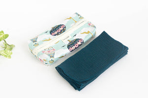 Set of 12 hankies in cotton colour Oil and a cotton dispenser box with Hot Air Balloon pattern