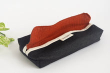 Load image into Gallery viewer, 12 cotton hankies colour Brick with a Black Denim dispenser box