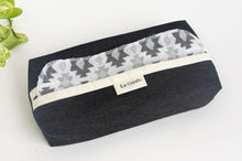 Load image into Gallery viewer, 12 cotton hankies white ground with a Grey pattern with a Black Denim dispenser box