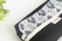 Load image into Gallery viewer, 12 cotton hankies white ground with a Grey pattern with a Black Denim dispenser box