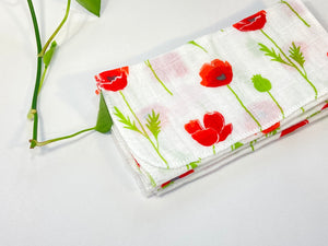 12 cotton hankies with Red Poppy Flower pattern