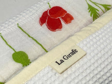 Charger l'image dans la galerie, Close up of 12 cotton hankies with Red Poppy Flower pattern and a white box in waffle cotton