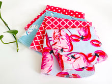 Charger l'image dans la galerie, Four folded towels with Flamingo, Lamas and Polka Dots patterns in Pink and Blue