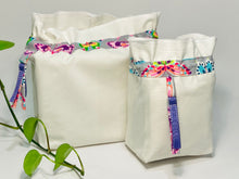 Load image into Gallery viewer, Two bags in off-white cotton with a Butterfly trim. One bag is big and one small.
