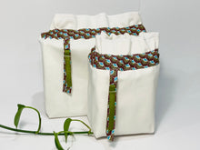 Load image into Gallery viewer, Two bags in off-white cotton with a Coffee and Blue Peacock trim. One bag is big and one small.