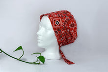 Load image into Gallery viewer, Left view of Red Western Paisley Scrub Cap
