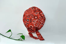 Load image into Gallery viewer, Back view of Red Western Paisley Scrub Cap