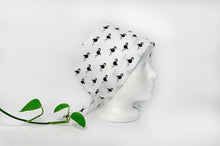 Load image into Gallery viewer, Right view of Scrub Cap with Black Flamingo print on White ground