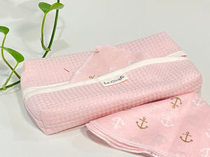 Pink Cotton Waffle Dispenser box with Pink Bamboo Handkerchiefs with Anchor pattern