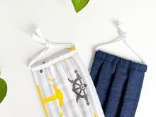 Charger l'image dans la galerie, Two face masks one with Yellow Anchor and Grey stripes print, one in Blue Denim fabric