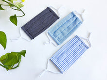 Charger l'image dans la galerie, Three face masks one with Blue & White Stripes, one in Plain Blue and One with a Navy Blue print