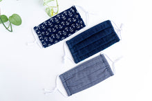 Load image into Gallery viewer, Three face masks one Silver Anchors on Navy one Blue Denim one Silver Squares on Navy
