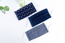 Charger l'image dans la galerie, Three face masks one Silver Anchors on Navy one Blue Denim one Silver Squares on Navy