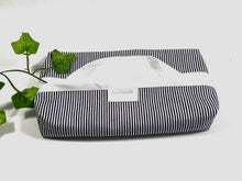 Load image into Gallery viewer, Grey stripes dispenser box in cotton with 12 White handkerchiefs folded inside
