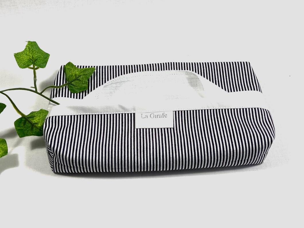 Grey stripes dispenser box in cotton with 12 White handkerchiefs folded inside