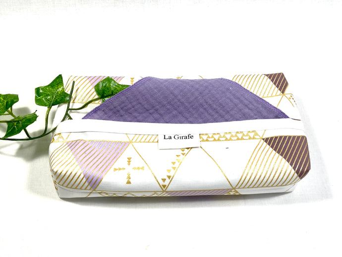 Cotton dispenser box in a Geometric pattern with 12 Lilac cotton handkerchiefs folded inside
