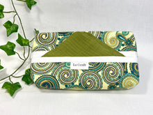 Load image into Gallery viewer, Coton Dispenser box in a Green Paisley pattern with 12 Green cotton handkerchiefs folded inside
